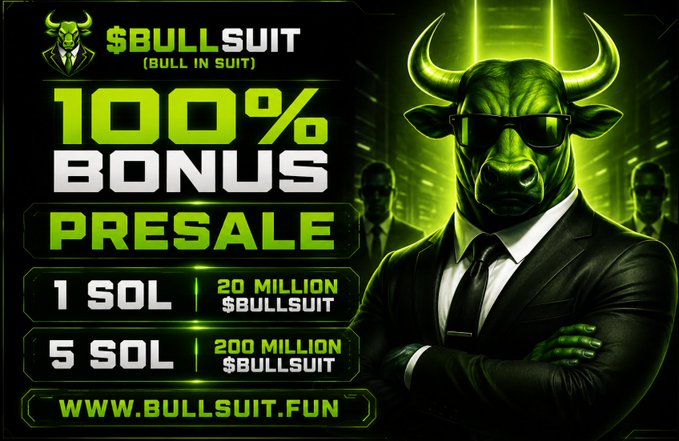 The image is a promotional graphic for the $BULLSUIT token presale, featuring a green bull wearing sunglasses and a suit, advertising 100% bonus presale tiers: 1 SOL for 20 million $BULLSUIT and 5 SOL for 200 million $BULLSUIT, with the website BULLSUIT.FUN displayed. It visually reinforces the post's announcement of the live presale with attractive bonus offers.