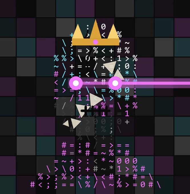 A digital art piece depicting a character wearing a golden crown and glowing pink sunglasses, composed of code-like symbols and percentages against a dark checkered background with a pink laser beam.