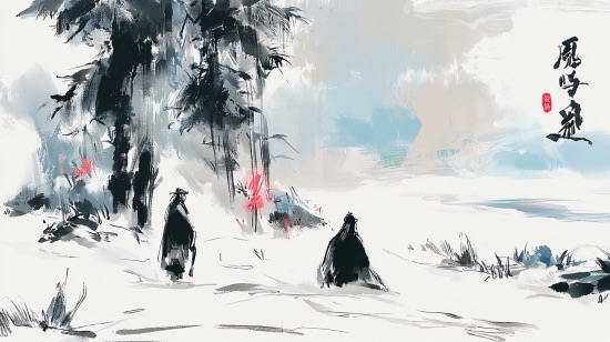 A traditional Chinese ink-wash painting (shan shui) depicts two figures in flowing robes walking through a misty, snowy bamboo forest with calligraphy and a red seal in the upper right.