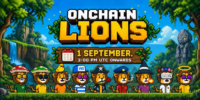 Pixel art promotional banner for "ONCHAIN LIONS" featuring nine uniquely styled lion characters (wearing items like a mushroom hat, pirate hat, and cap), with text announcing "1 SEPTEMBER, 3:00 PM UTC ONWARDS" against a jungle waterfall backdrop—matching the post's announcement of a limited supply (2222) free mint on that date and time.