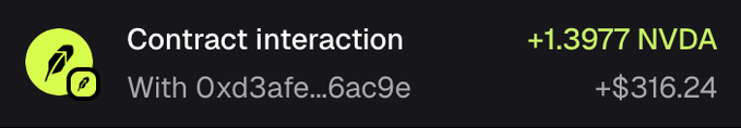 A screenshot shows a blockchain transaction notification for a 'Contract interaction' with address '0xd3afe...6ac9e' resulting in +1.3977 NVDA and +$316.24.