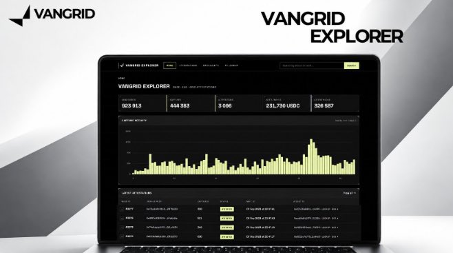VANGRID Explorer product mockup displayed on a laptop, with market statistics, a chart, and a transaction table.