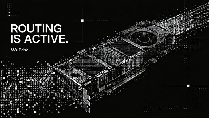 A black promotional graphic reading 'ROUTING IS ACTIVE.' by Brink, featuring a wireframe-style illustration of a computer hardware component.