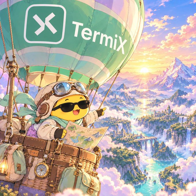 Colorful anime-style illustration of a cute character wearing sunglasses in a hot air balloon with the 'TermiX' logo, soaring above mountains, castles, and waterfalls.