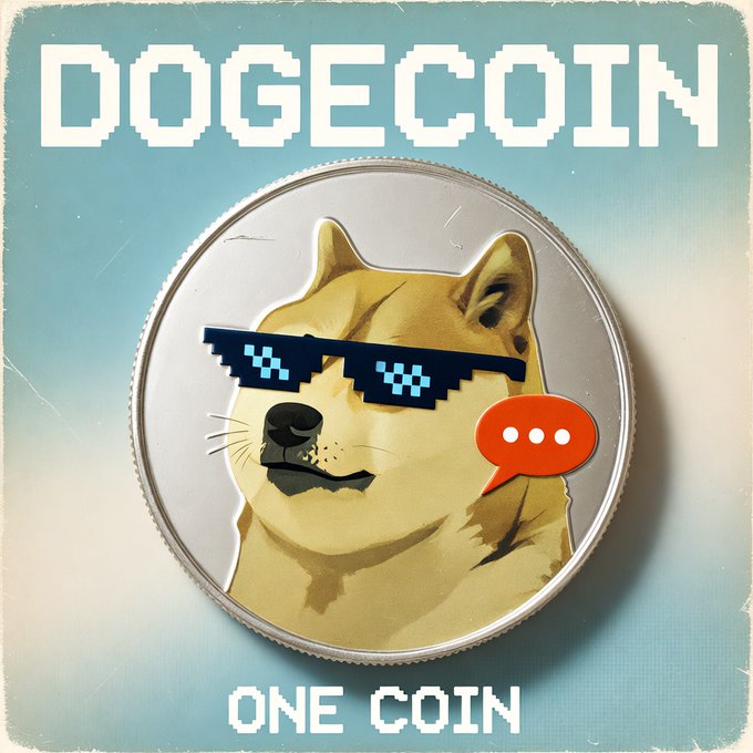 A promotional graphic featuring the text 'DOGECOIN' at the top and 'ONE COIN' at the bottom, with a central image of a Shiba Inu dog wearing pixelated sunglasses and a red chat bubble emoji on a silver coin.