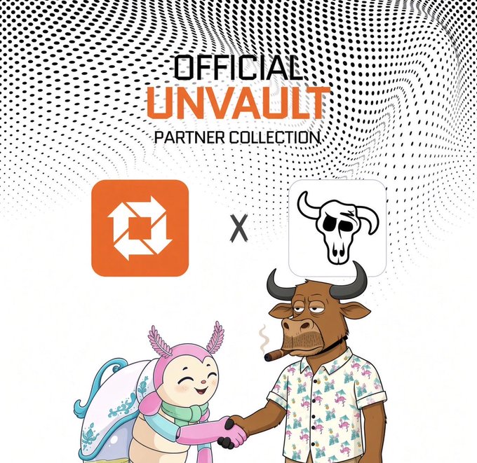 An 'Official Unvault Partner Collection' promotional graphic featuring two cartoon characters—a pink axolotl-like creature and a brown bull smoking a cigar—shaking hands below the Crypto.com and Bullish exchange logos.