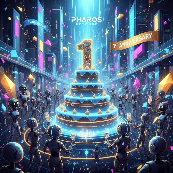 A vibrant digital artwork celebrating the 'PHAROS NETWORK' 1st Anniversary, featuring a tiered cake with a glowing '1' topper surrounded by robots raising champagne glasses in a futuristic city.