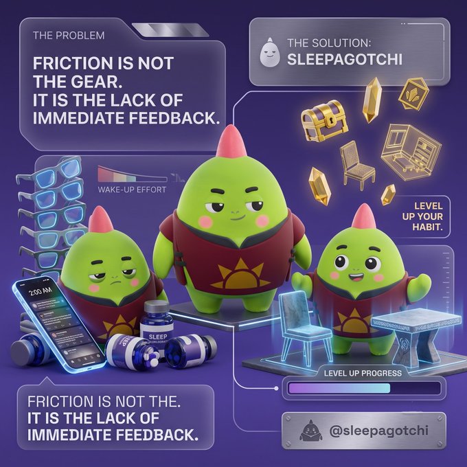 A promotional graphic for 'Sleepagotchi' features green cartoon characters and text including 'THE PROBLEM: FRICTION IS NOT THE GEAR. IT IS THE LACK OF IMMEDIATE FEEDBACK.' and '@sleepagotchi'.
