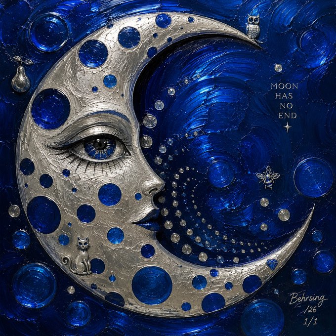 Mixed-media textured artwork of a silver crescent moon with a face, set against a deep blue starry background, featuring a cat, owl, bee, and text reading 'MOON HAS NO END' signed 'Behrsing 1/26 1/1'.