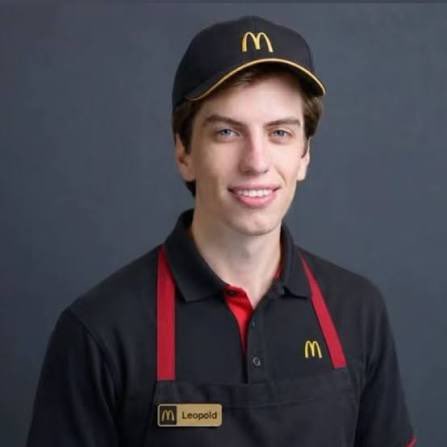 A McDonald's employee named "Leopold" (wearing a name tag) smiles in uniform, appearing to represent a visual joke about investor Leopold Aschenbrenner selling $NBIS at the bottom before its 85% rally, with the irony of Leopold working a fast-food job after being "margin called." The image plays on the financial misfortune referenced in the post by pairing the name Leopold with a service industry uniform.