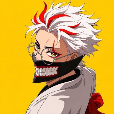 An anime illustration of a character with spiky white and red hair, round glasses, and a black face mask with a toothy grin design, against a yellow background.