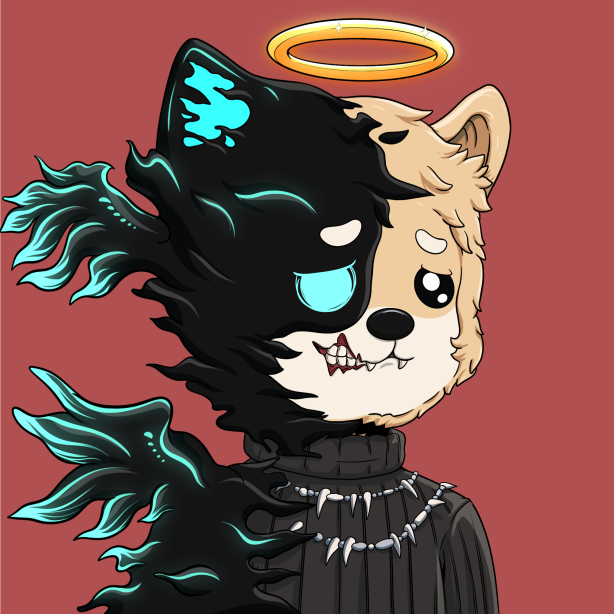 The image features a cartoon dog wearing a black sweater with a gold ring around its neck, giving it an angelic appearance. The dog has a face painted on it, adding to its unique character. The background of the image is red, which contrasts with the blue and black elements in the illustration. The caption "day 22 of posting a gui nft" suggests that this image was created as part of a series or collection of illustrations for an online gallery or platform showcasing digital art.