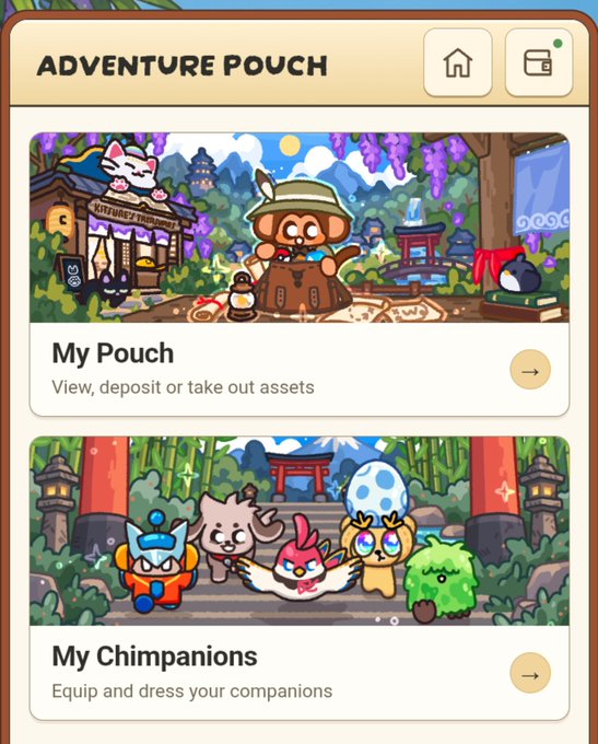 A mobile game screen titled 'ADVENTURE POUCH' displaying 'My Pouch' and 'My Chimpanions' sections with cartoon illustrations of cute characters.
