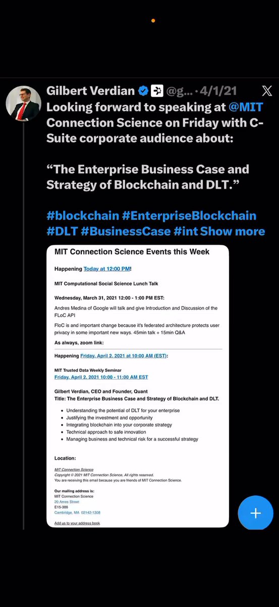 The image shows a social media post featuring an announcement from a person named Gilbert Verdian. The post is posted on Twitter at 4:22 AM on April 26th and it talks about a meeting that will take place at the Massachusetts Institute of Technology (MIT). It also mentions a company called Finternet, which is a part of a group of companies working together to develop Bitcoin technology for use in finance. Verdian's announcement appears to be related to an event or discussion on this topic. The social media post does not explicitly provide any information about the appearance of a person named Martin Hargreaves who was listed as one of the speakers at the meeting.