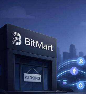 An illustration of a building labeled 'BitMart' with a 'CLOSING' sign on the door, alongside cryptocurrency icons, suggesting the exchange's closure.