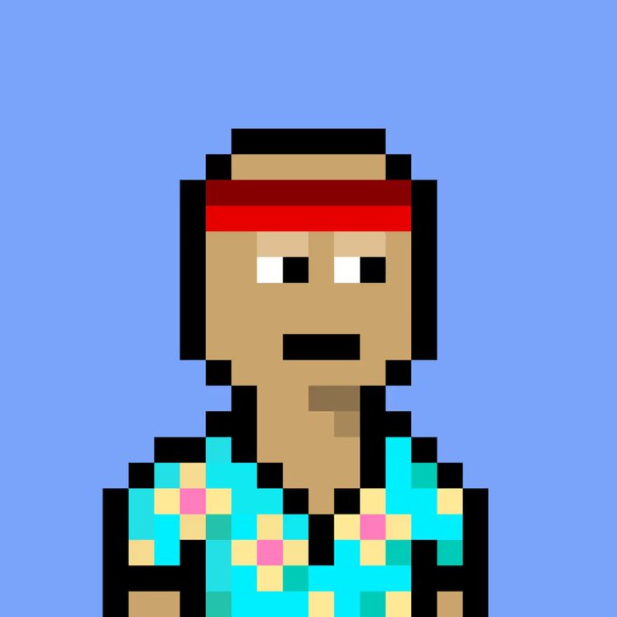 A pixel art portrait of a character with dark hair, wearing a red headband and a blue floral shirt against a light blue background.