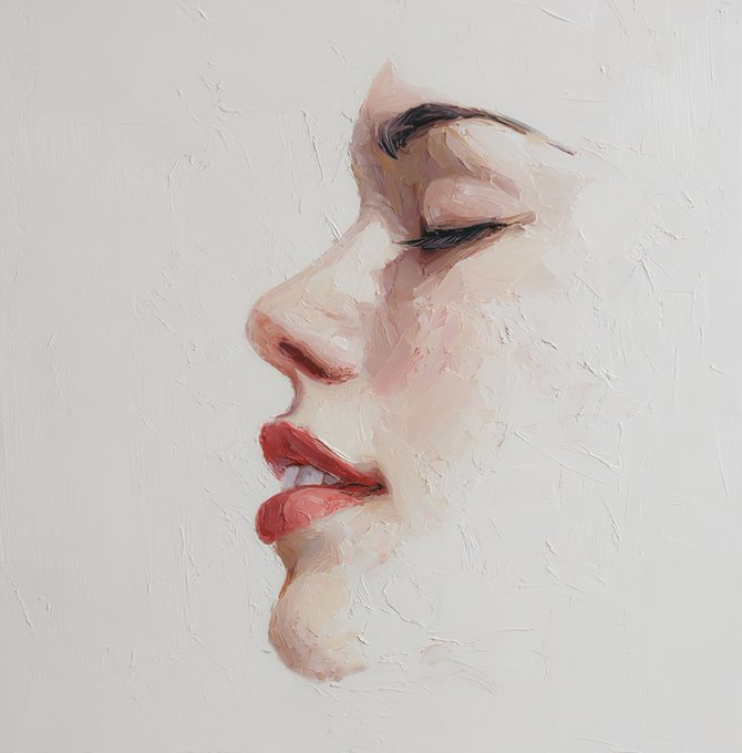 An impressionistic oil painting of a woman's face in profile, featuring closed eyes, pink lips, and textured brushstrokes against a white background.