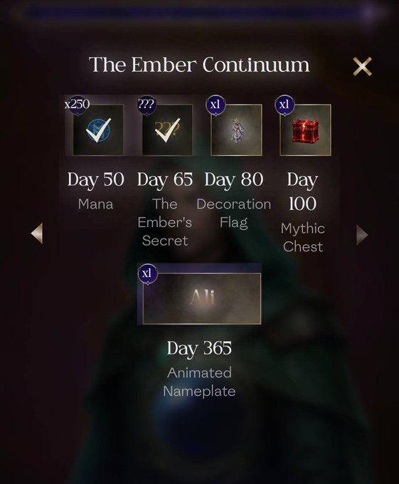 A mobile game menu screen titled 'The Ember Continuum' showing daily login rewards including 'Day 50 Mana', 'Day 65 The Ember's Secret', 'Day 80 Decoration Flag', 'Day 100 Mythic Chest', and 'Day 365 Animated Nameplate'.