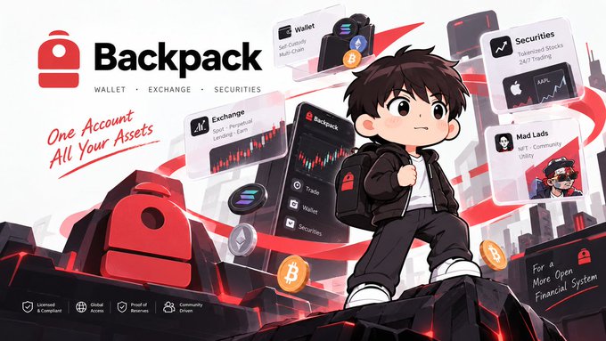 An anime-style promotional graphic for 'Backpack' featuring a cartoon boy with a backpack surrounded by floating app screens for Wallet, Exchange, Securities, and Self-Custody Multi-Chain features, with the tagline 'One Account All Your Assets' and 'For a More Open Financial System.'
