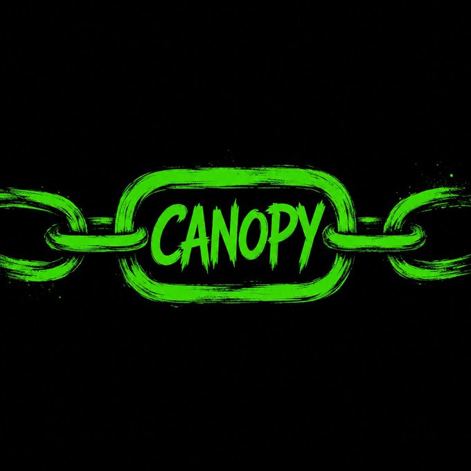 A graphic design featuring a green chain link with the word 'CANOPY' written in stylized text across the central link, set against a black background.