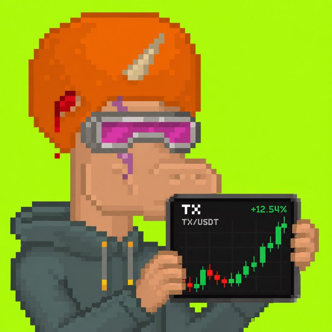 A pixel art illustration of a character with a large orange afro, glowing pink visor, and facial markings, holding a tablet that displays a rising candlestick chart for 'TX / TX/USDT' with a +12.54% gain.
