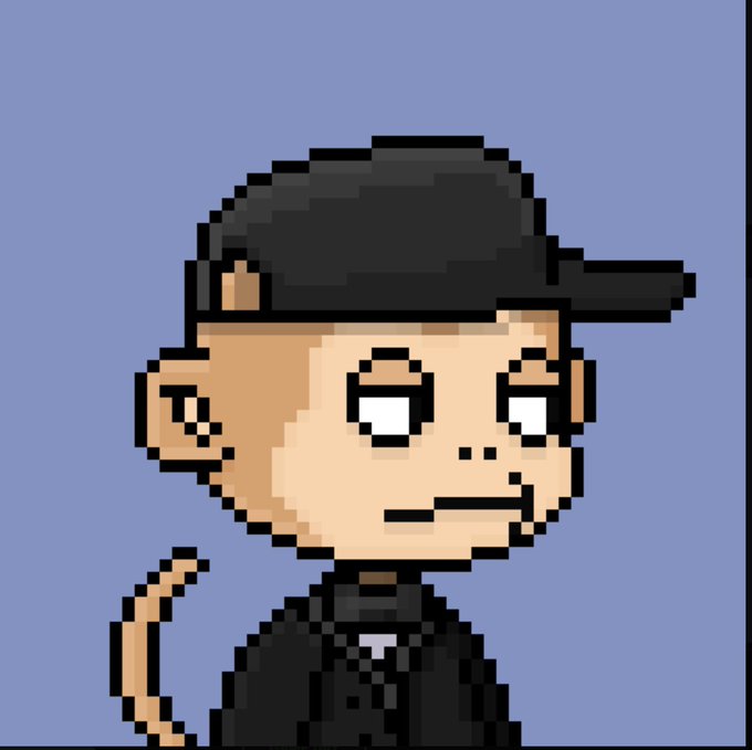 A pixel art portrait of a person wearing a black cap and dark clothing with a blank, wide-eyed expression against a solid blue background.