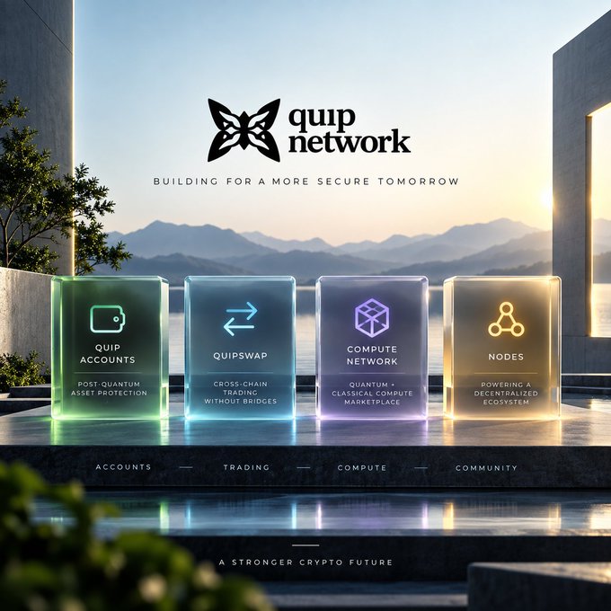 A promotional image for 'quip network' with the tagline 'BUILDING FOR A MORE SECURE TOMORROW', highlighting features like QUIP ACCOUNTS, QUIPSWAP, COMPUTE NETWORK, and NODES.