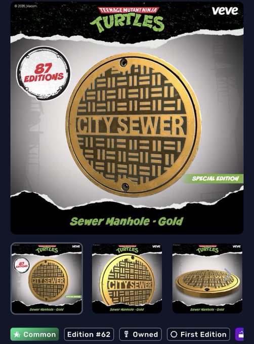 A VeVe digital collectible listing for a Teenage Mutant Ninja Turtles "Sewer Manhole - Gold" Special Edition, showing 87 editions and marking it as Edition #62, Owned, and First Edition.