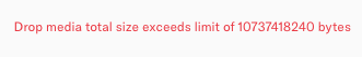 An error message in red text reads "Drop media total size exceeds limit of 10737418240 bytes," indicating a failed upload to OpenSea. The image relates to the post by showing the platform's error that forces the user to compress hours of rendering into a file under the 10GB limit.