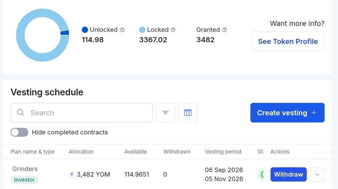 The image displays a token vesting dashboard showing 114.98 unlocked YOM, 3367.02 locked YOM, and 3,482 YOM granted, with a "Grinders" investor vesting plan allocating 3,482 YOM from Sep 6, 2026 to Nov 5, 2026. It illustrates the YOM airdrop claim interface from app.team.finance, where eligible users can view and withdraw their unlocked token allocations as referenced in the post.