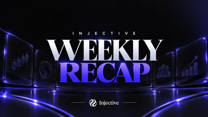 A sleek promotional banner reads "INJECTIVE WEEKLY RECAP" in metallic and blue text against a dark background with glowing charts and data visualizations, branded with the Injective logo.