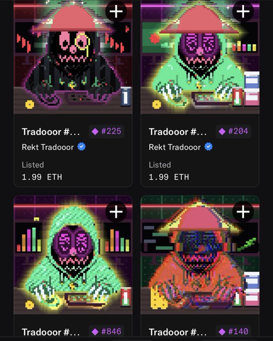 Four pixel art NFTs are displayed in a grid, depicting a hooded skeleton figure in various color schemes, listed as 'Rekt Tradooor' with prices of 1.99 ETH and identifiers #225, #204, #846, and #140.