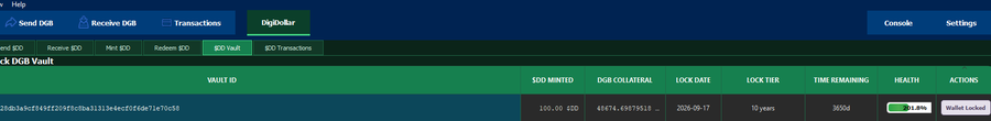A DigiDollar vault interface showing send/receive options, transaction history, and a locked vault with 100 SDD minted, 48,474.69579528 DGB collateral, locked until 2020-09-17 with 300d remaining and a healthy status.