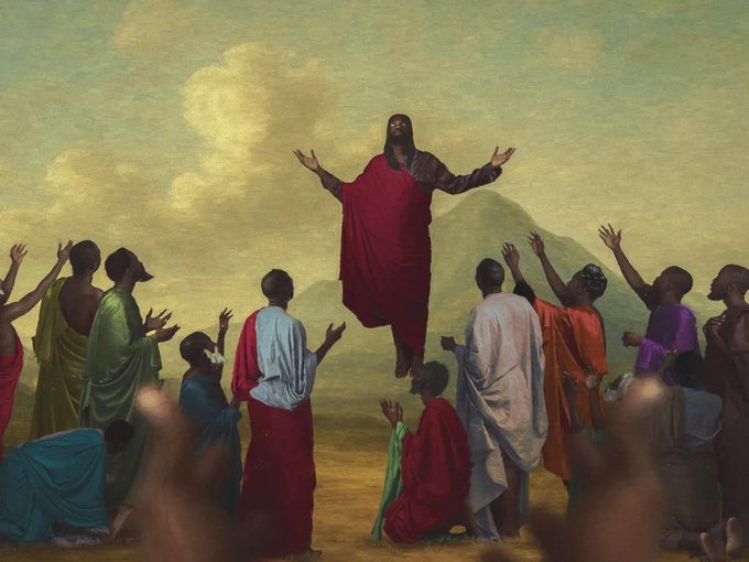 The image depicts a painted scene of Jesus in a red robe with outstretched arms, ascending into a golden sky while robed figures raise their hands in reverence on either side. It visually represents "The Ascension," as referenced in the post's title, listed at "0.15 ETH."