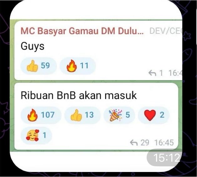 A Telegram chat screenshot showing two messages: "MC Basyar Gamau DM Dulu... Guys" with 59 thumbs up and 11 fire reactions, and "Ribuan BnB akan masuk" (Thousands of BnB will enter) with 107 fires and 13 thumbs up—capturing classic micin-style hype from the BnB BSC era that still hits the same way years later.