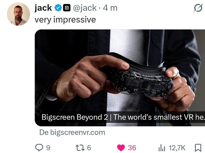 A social media post by verified user @jack stating 'very impressive', sharing a link to Bigscreen Beyond 2, advertised as 'The world's smallest VR he...' (headset).