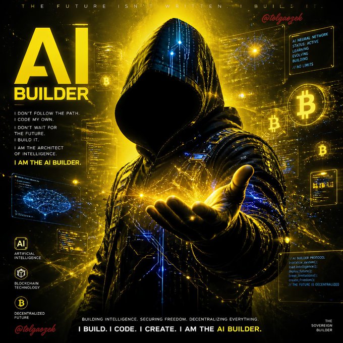 A sci-fi style graphic features a hooded figure with glowing digital elements, Bitcoin symbols, and text promoting an 'AI BUILDER' who creates decentralized intelligence, credited to @tolgaozek.