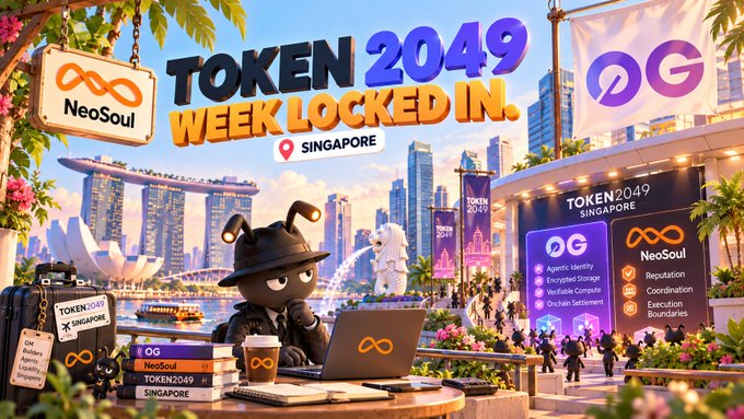 An event promotional banner for 'Token 2049 Week Locked In' in Singapore, featuring a cartoon insect character at a desk with NeoSoul, OG, and Token2049 branding.