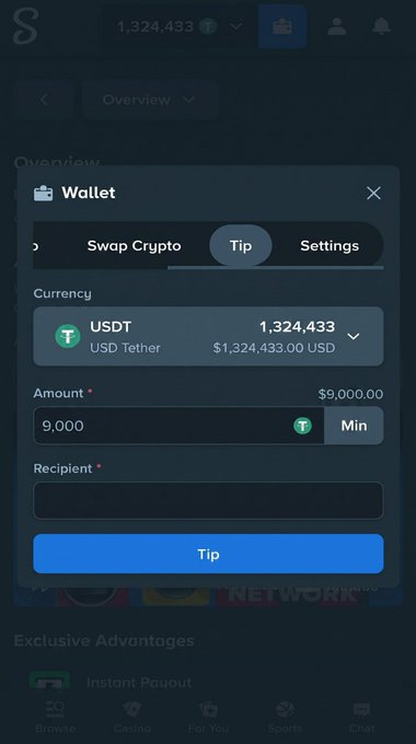 The image shows a Stake.com Wallet interface with the "Tip" tab selected, displaying a USDT (Tether) balance of 1,324,433 ($1,324,433.00 USD) and an entered tip amount of $9,000 with the "Tip" button ready to be pressed.

The screenshot appears to back up the post's claim of a $9,000 USDT wallet tip giveaway, showing the exact $9,000 amount entered and the wallet's substantial USDT balance that would cover the promised tip.