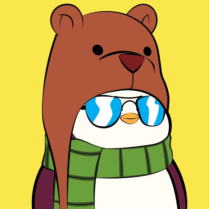 A cartoon illustration of a brown bear wearing a green scarf, holding a penguin with sunglasses that are crying blue tears, set against a yellow background.