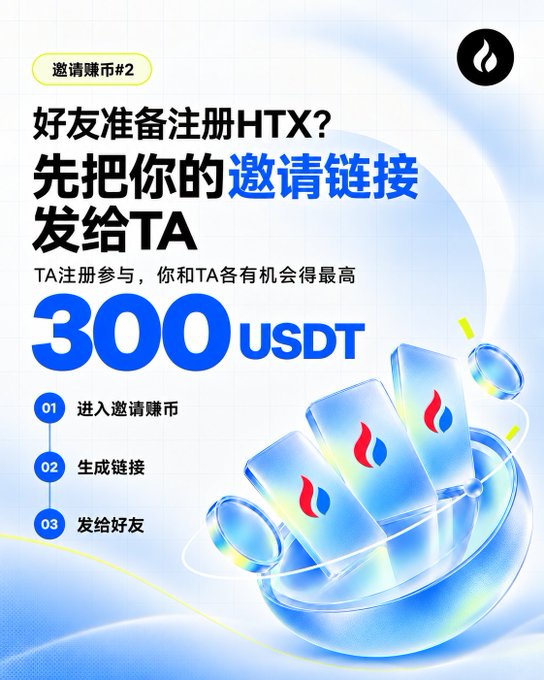 A promotional image for HTX's referral program (#2), featuring Chinese text that translates to "Friends preparing to register for HTX? First send your invitation link to them" and "They register and participate, you and them each have a chance to get up to 300 USDT." The graphic shows three steps (Enter Invite Earnings, Generate Link, Send to Friend) alongside 3D rendered HTX-branded cards and coins, illustrating the referral reward program described in the caption.