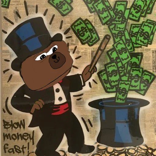 The image features a cartoon bear dressed up as a businessman, standing next to a hat filled with money. The caption of the image reads "It's Meme Magic $BOBO", which suggests that this scene might be related to a meme or a humorous gif.