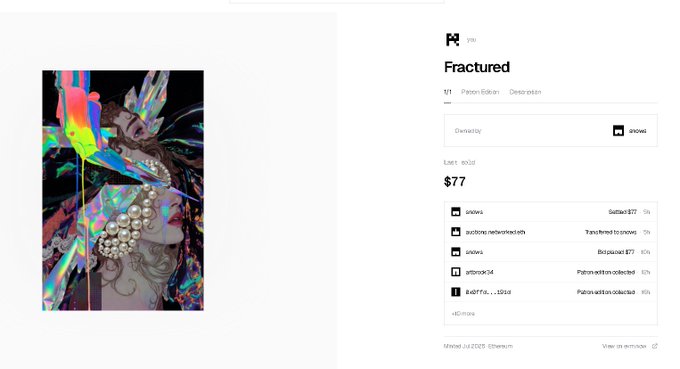 A screenshot of an NFT marketplace listing titled 'Fractured' by yip, priced at $77 (1.00 ETH), showing a colorful glitch-art style digital portrait of a figure with spiked hair and pearls.
