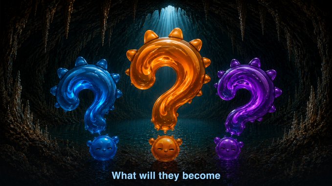 Three glowing, glossy question marks in blue, orange, and purple emerge from small cat faces in a dark cave, with the caption 'What will they become'.