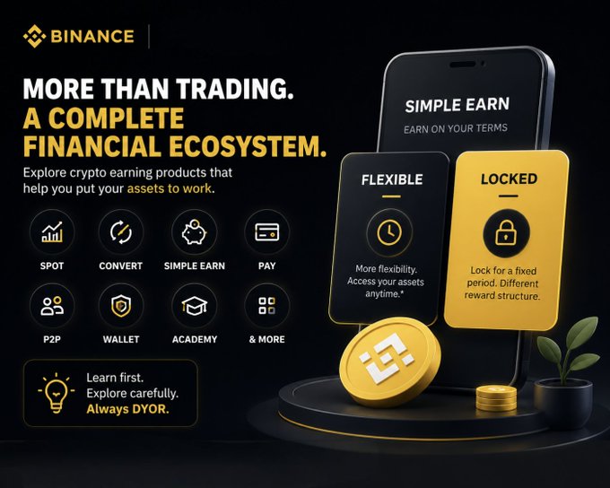 A Binance promotional graphic reading 'MORE THAN TRADING. A COMPLETE FINANCIAL ECOSYSTEM', highlighting 'SIMPLE EARN' with 'FLEXIBLE' and 'LOCKED' options.