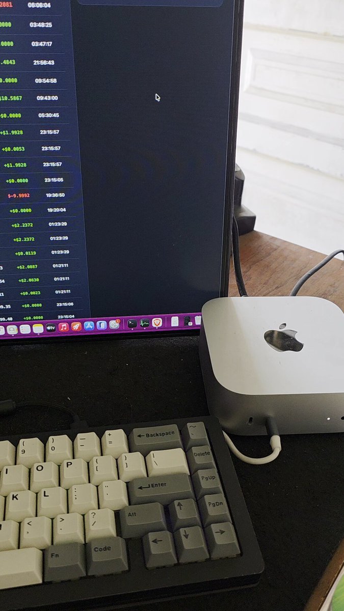 The image features a computer screen displaying some stock market information, with a keyboard and mouse beside it. The main object of interest is an Apple mini computer sitting next to a larger computer monitor that displays stock data. Additionally, there are two people partially visible in the background near the monitors. The overall scene depicts a workspace where someone might be monitoring the stock market or analyzing financial data using the dual-monitor setup for enhanced productivity and convenience.