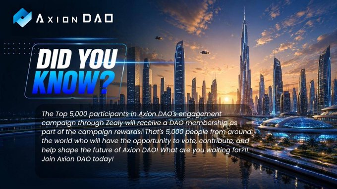 An Axion DAO promotional graphic with 'DID YOU KNOW?' text explaining that the top 5,000 participants through Zealy will receive DAO membership.
