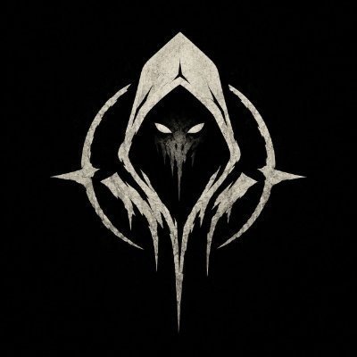 A stylized white skull or hooded figure emblem centered within a spiked, circular design on a black background.