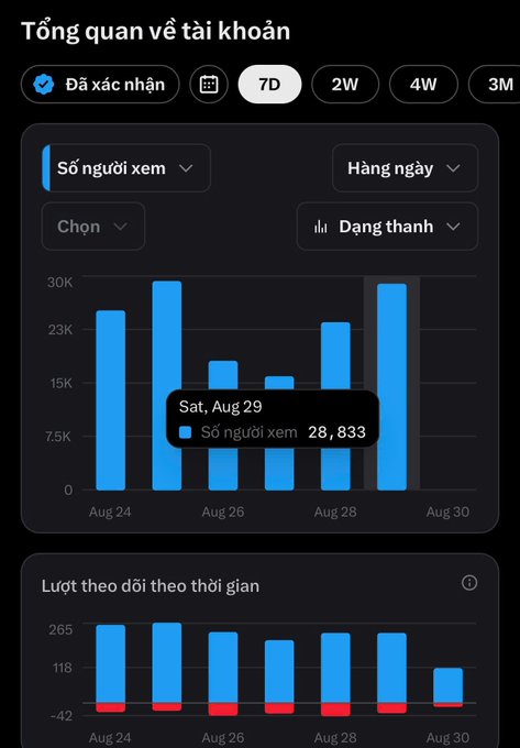 A Vietnamese social media analytics dashboard titled 'Tổng quan về tài khoản' showing viewership statistics, with a highlighted data point indicating 28,833 viewers ('Số người xem') on Saturday, August 29.