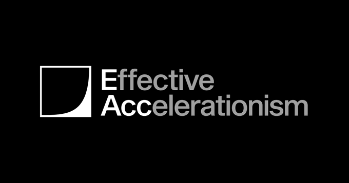 The image features the "Effective Accelerationism" logo in white against a black background, displaying the group's name alongside its distinctive square emblem with a curved cutout. This aligns with the post announcing e/acc's return "in a great time of need," visually reinforcing the movement's identity and resurgence.